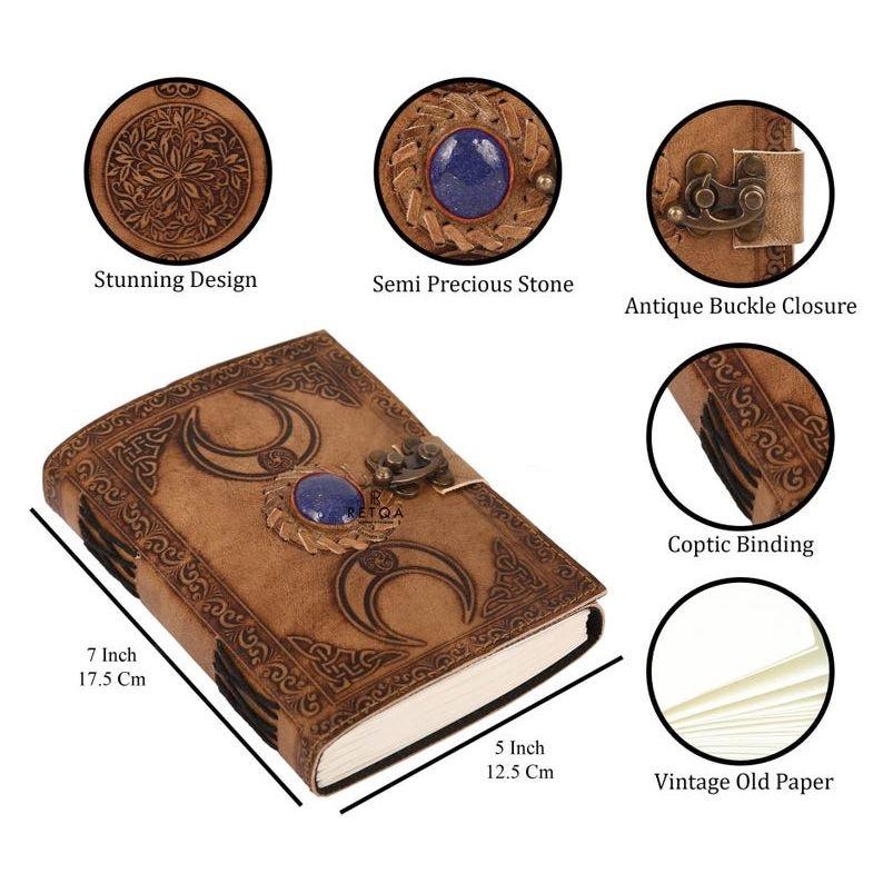 Buy 2, Get 1 FREE! Handcrafted Charcoal Leather Journal – Premium Genuine Leather, Embossed Moon Phase & Lapis Lazuli Stone