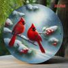 Winter Snow Red Cardinal Double Habitat Iron Wall Art Round 7.8 Inch Metal Sign Home Decor Coffee Shop Restaurant Gift Christmas Holiday Decoration
