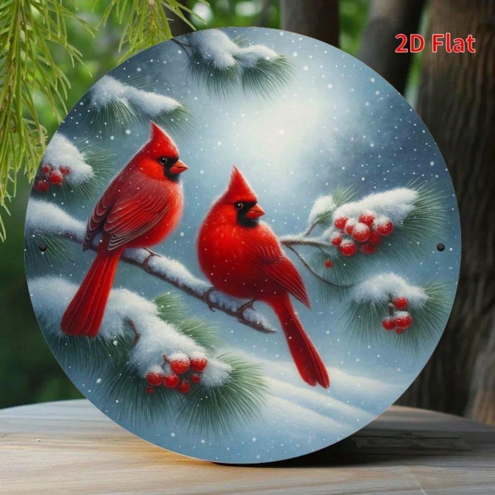 Winter Snow Red Cardinal Double Habitat Iron Wall Art Round 7.8 Inch Metal Sign Home Decor Coffee Shop Restaurant Gift Christmas Holiday Decoration