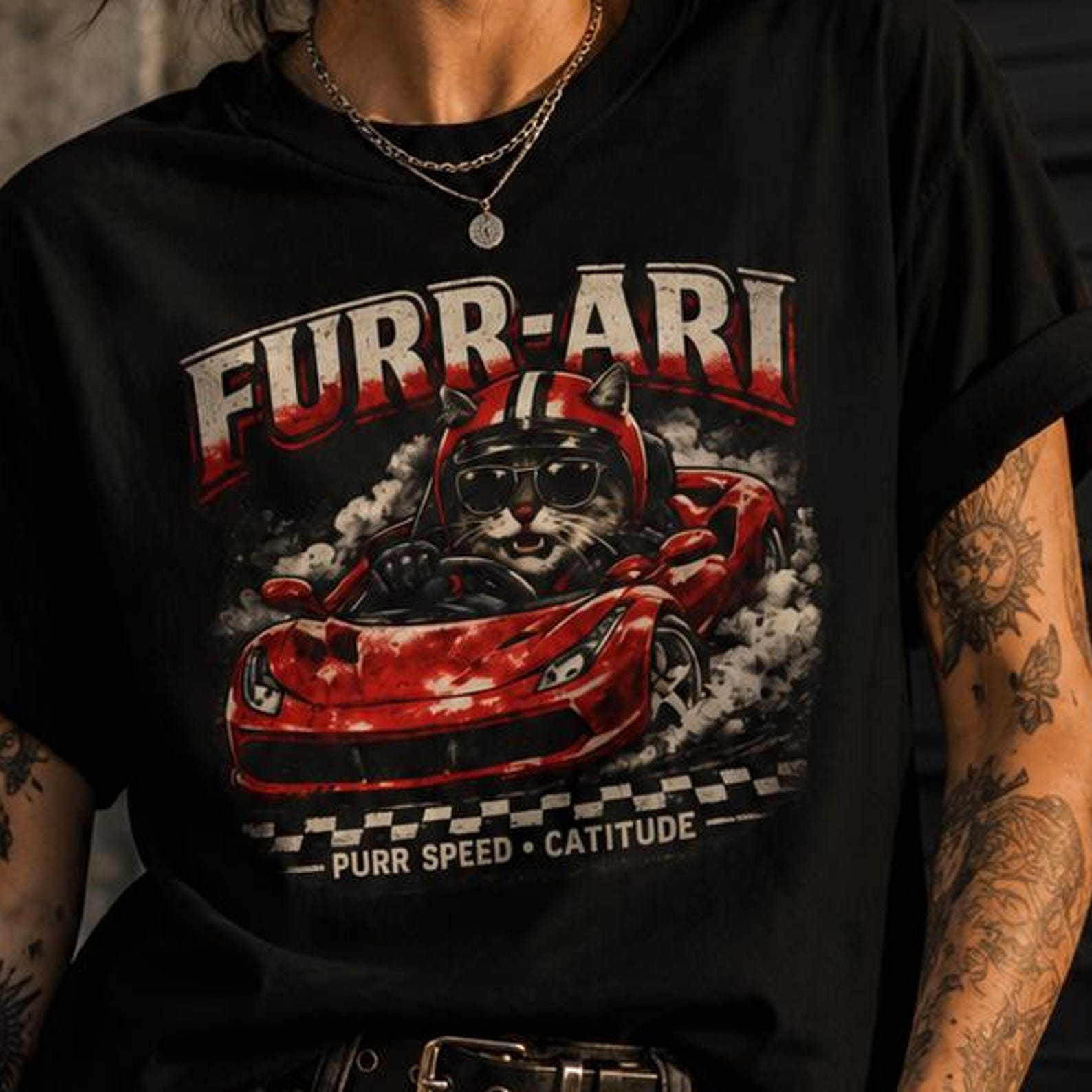 Футболка FURR-ARI Racing Cat, Забавная футболка с кошкой и машиной, Футболка с кошкой и гоночной машиной, Подарок любителю кошек и автоспорта, Ретро футболка с гоночной графикой 3XL