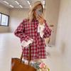 American Fashion Plaid Shirt Women's Red and Blue Contrasting Lapels, Casual Loose Shirt Plaid Sunscreen Jacket