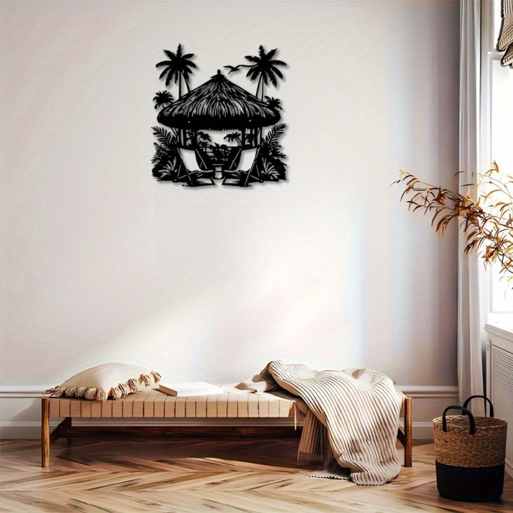 

Metal Wall Art Black Cabin with Chairs Trees Stylish Outdoor Decor Housewarming Gift for Labor Day 12in