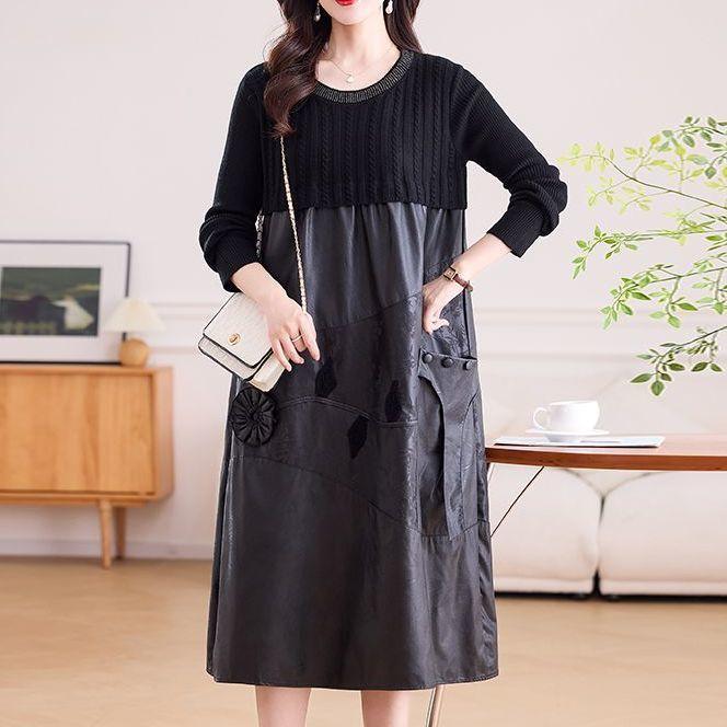 Women's long Sweater Dress Knitted Patchwork PU Leather A-Line Dress Plus Size Knitted Dress for Autumn and Winter ...
