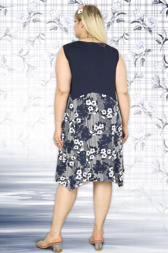 Women's Big Size Dress Plaid Floral Patterned Asymmetrical Cut Below Knee Sleeveless Viscose Dress