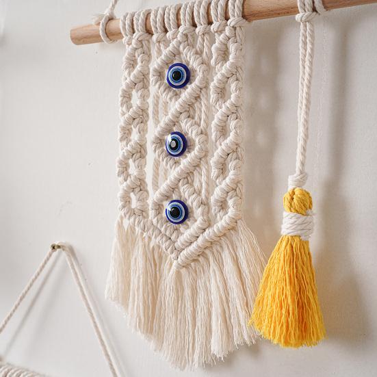 Bohemian Wall Tapestry, Blue Evil Eye Braided Tapestry, Knotted Cotton Rope Tapestry for Home Nursery Bedroom Living Room Wall Decor