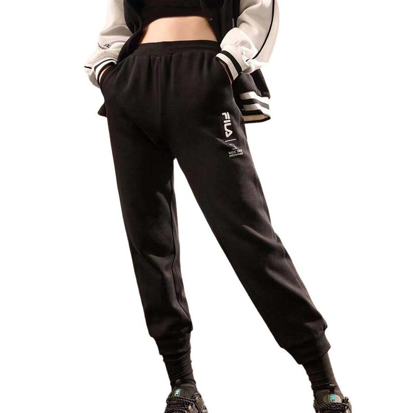 FILA Solid Color Loose Fit Letter Embroidered Casual Pants Women bottoms Black F11W249601FBK