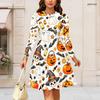 Women Plus Size Round Neck Long Sleeve Midi Dress Fashion Portrait Figure Text Print High Waist Swing Dress