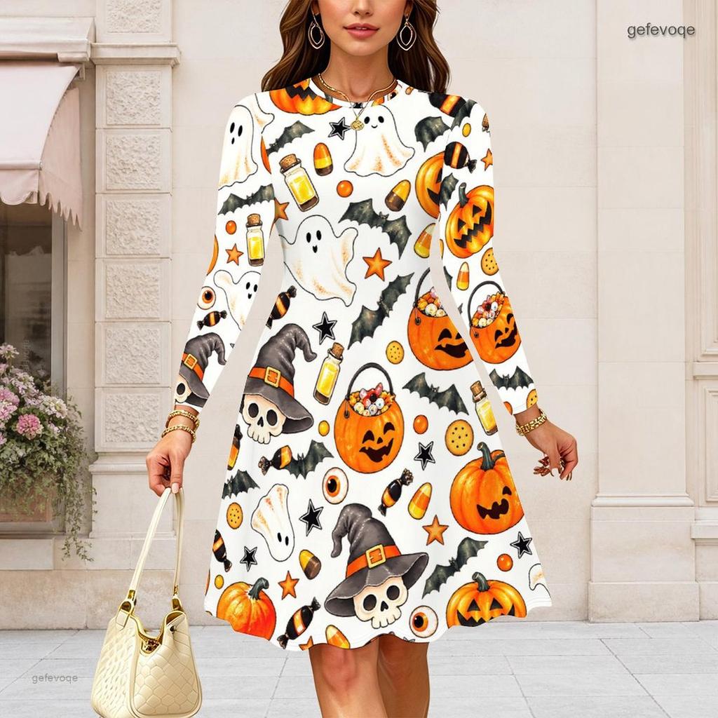 Women Plus Size Round Neck Long Sleeve Midi Dress Fashion Portrait Figure Text Print High Waist Swing Dress