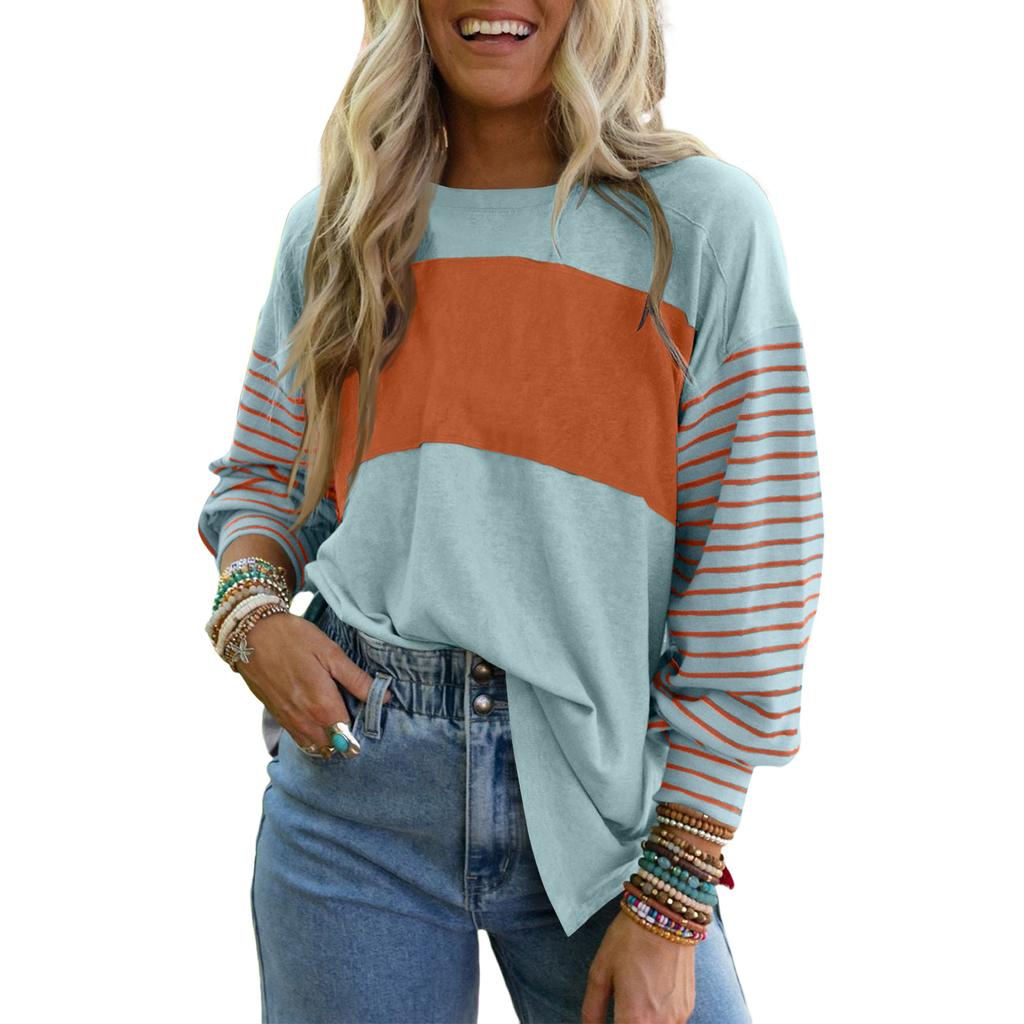 Women's Casual Loose Pullover Striped Contrast Color Long,sleeved T,shirt