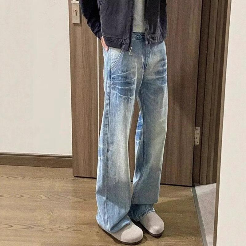 Washed Blue Straight Jeans Men's Spring and Autumn American High Street Vibe Pants Cleanfit Scimitar Slightly Pulled Trousers