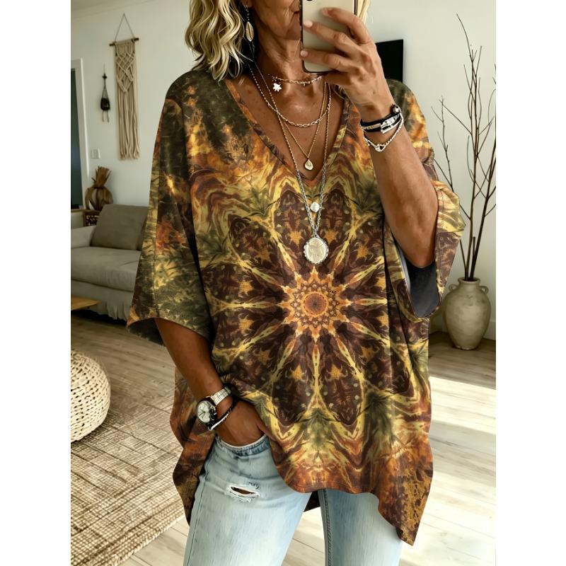 Boho Stammes Kurzarm V-Ausschnitt Hemd