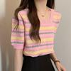 Navava Nk2039 Striped Flower Square Neck Short Sleeve Knit