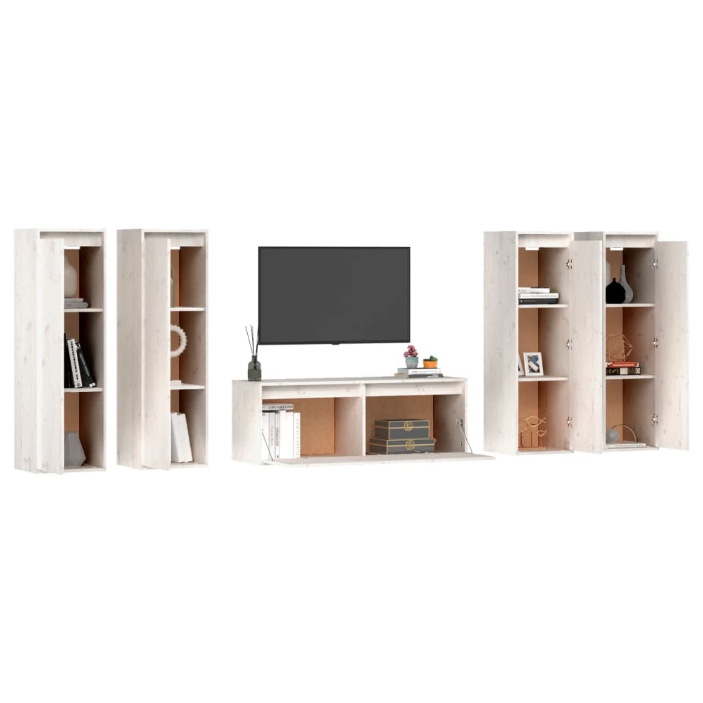 Vidaxl Szafki Pod Tv, 5 Szt., Białe, Lite Drewno Sosnowe