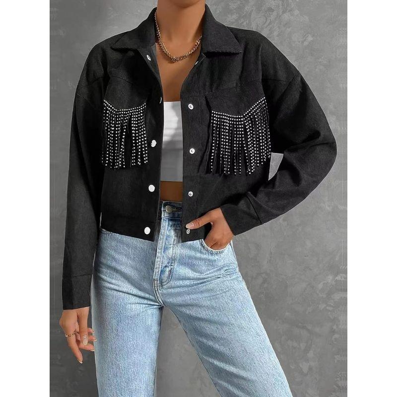 

Модная куртка с лацканами, однобортная, с кисточками, укороченная Black XL