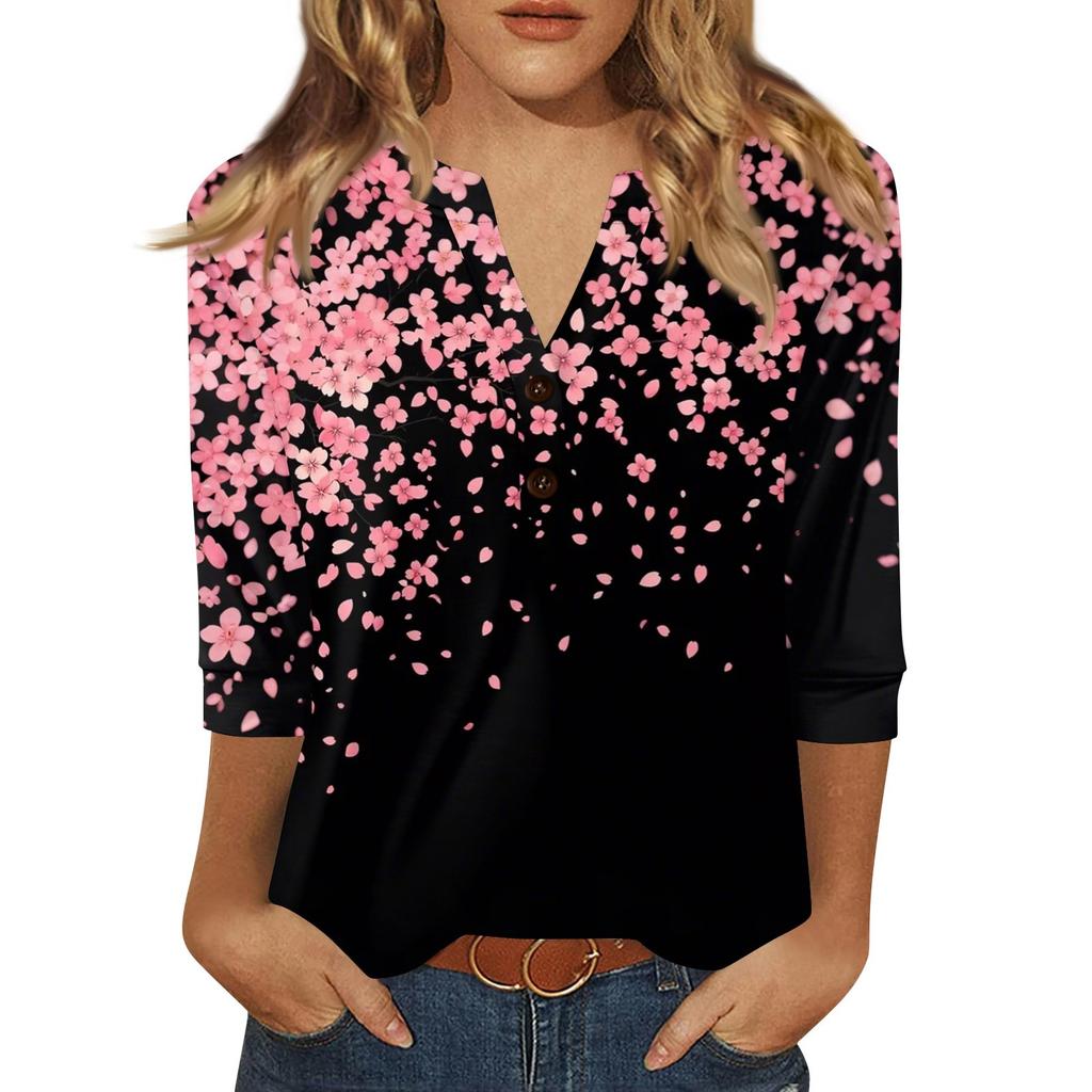 Women's T Shirt Print Button 3/4 Sleeve Daily Weekend Fashion Basic V- Neck Regular Top