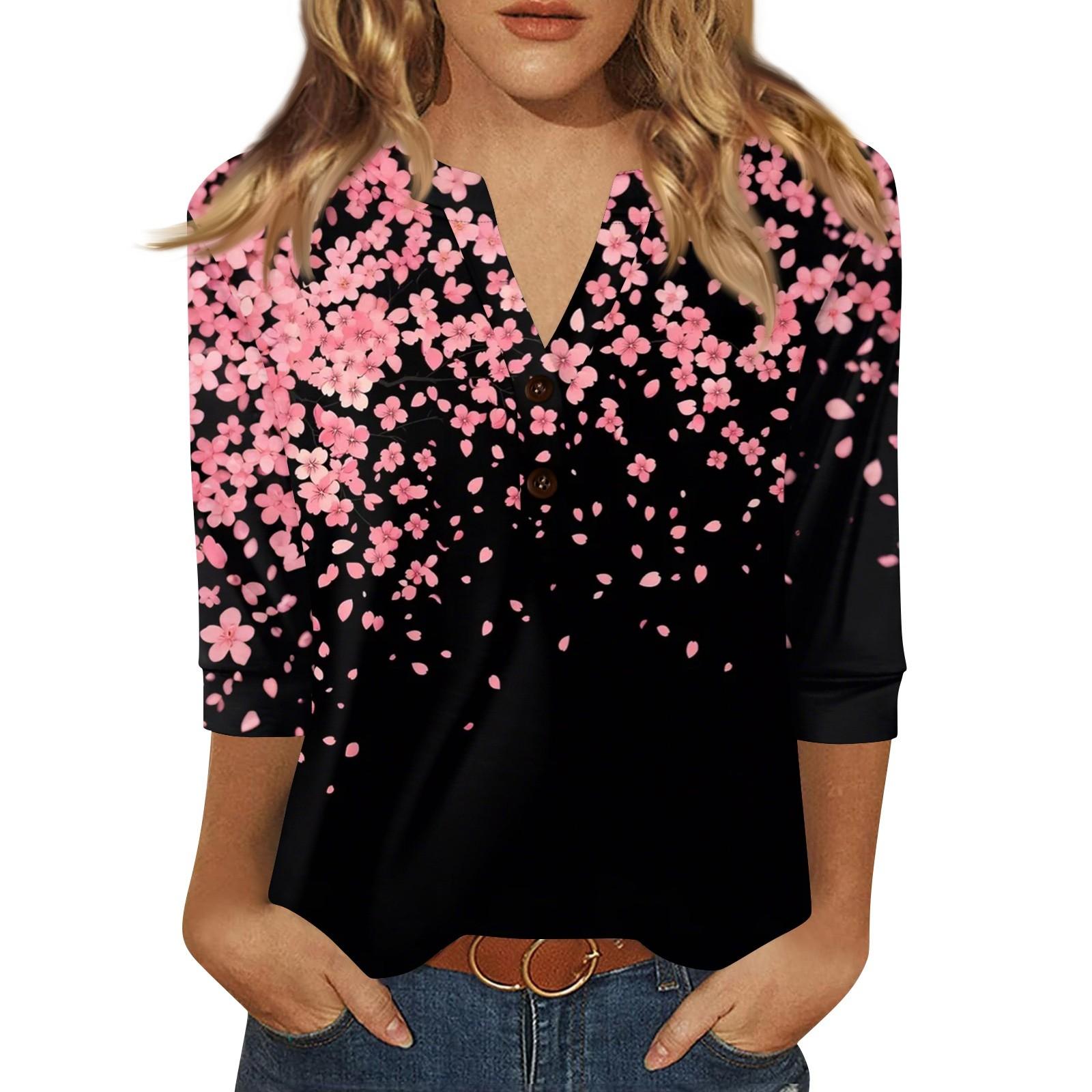 

Жен. Футболка С принтом Пуговицы Рукав 3/4 Повседневные Выходные Мода Классический Классический V-образный вырез Обычный Верх XXL чёрный