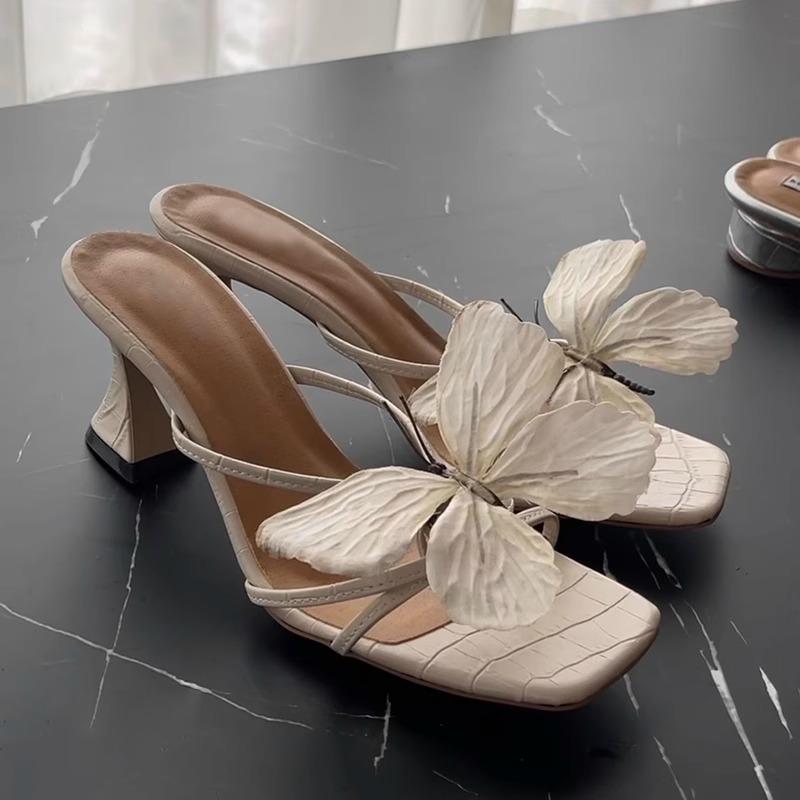 Fashion Female Shoes Butterfly-Knot Square heel Ladies' Slippers Women Heels Luxury Slides 2025 Block High Designer Pumps Slippers Casua