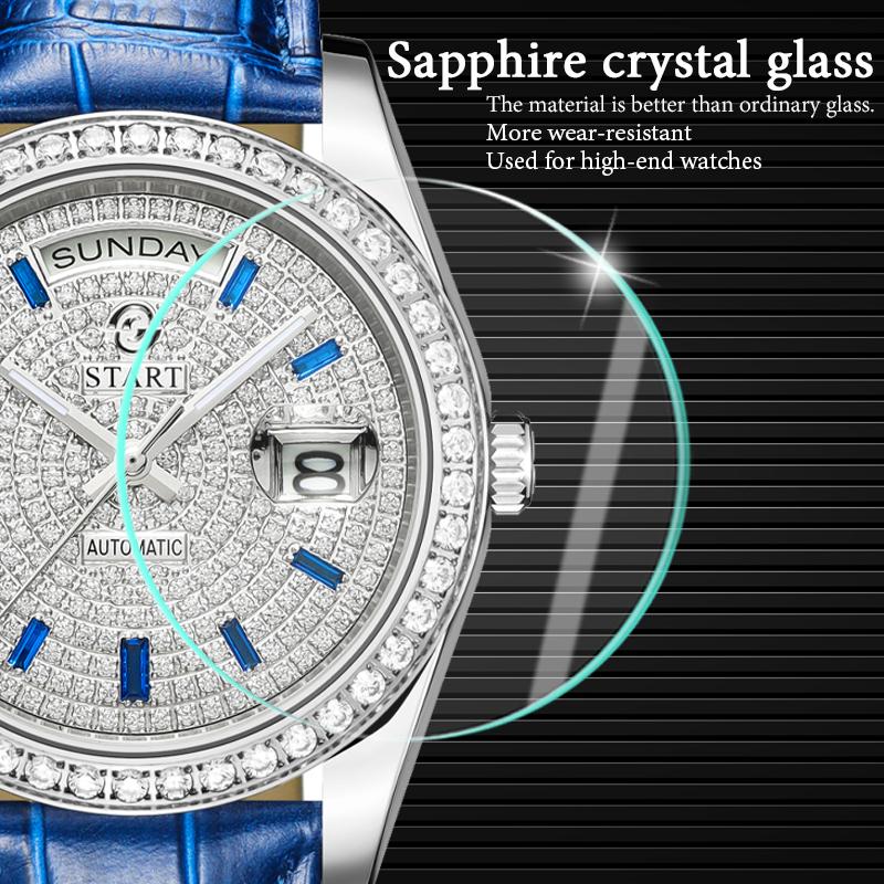 Start Gypsophila-Uhr, modische Herrenuhr, Diamant-Zifferblatt, automatische mechanische Uhr, Lederuhr, wasserdicht, Datums- und Wochenfunktion