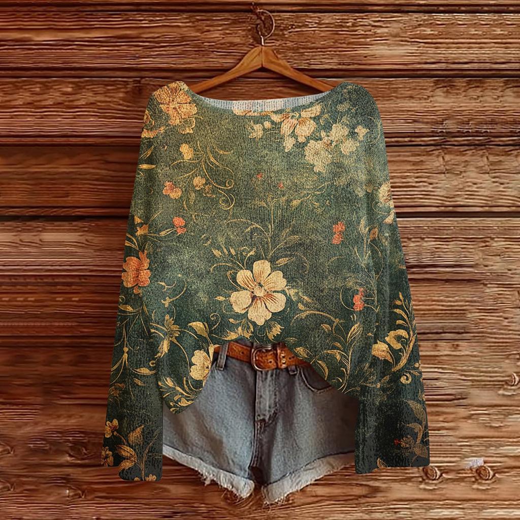 Womens  Fall Sweaters Long Sleeve Print Tops Pullover Sweaters Loose Dressy Casual Basic Clothes