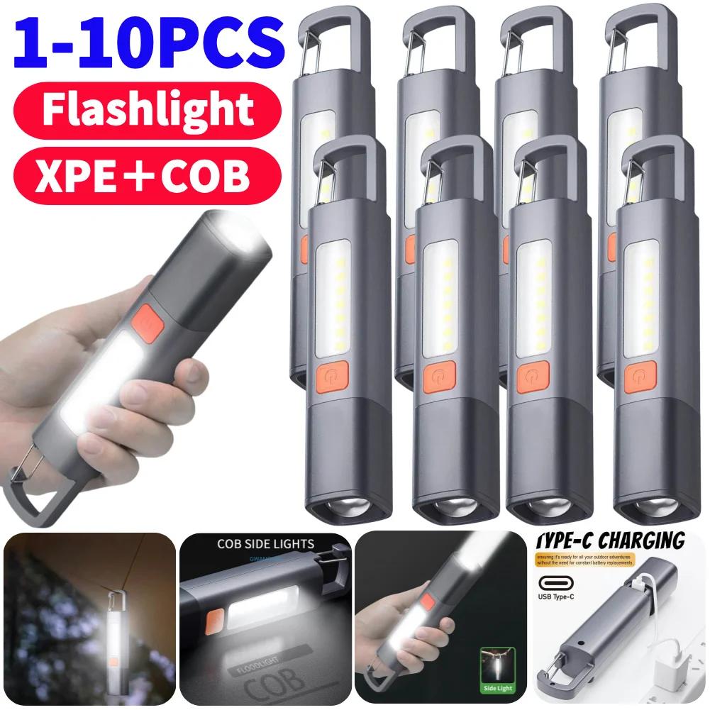 1-10Pcs Outdoor Flashlights Portable Strong Light Variable Focus with Floodlight Side Lights Long Range Torch USB Rechargeable