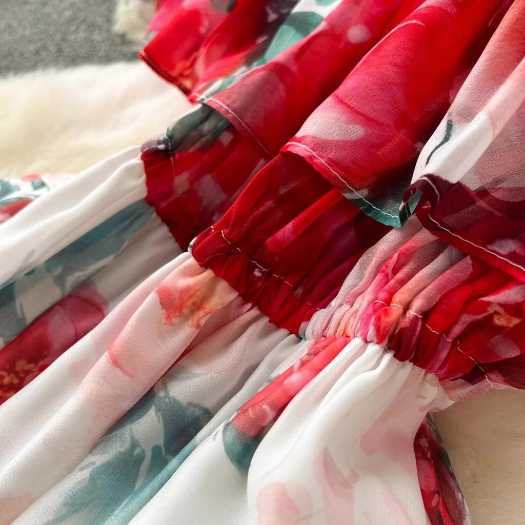 Summer Off Shoulder Gorgeous Flower Holiday Chiffon Dress Women Slash Neck Floral Print Elastic Waist Long Robes