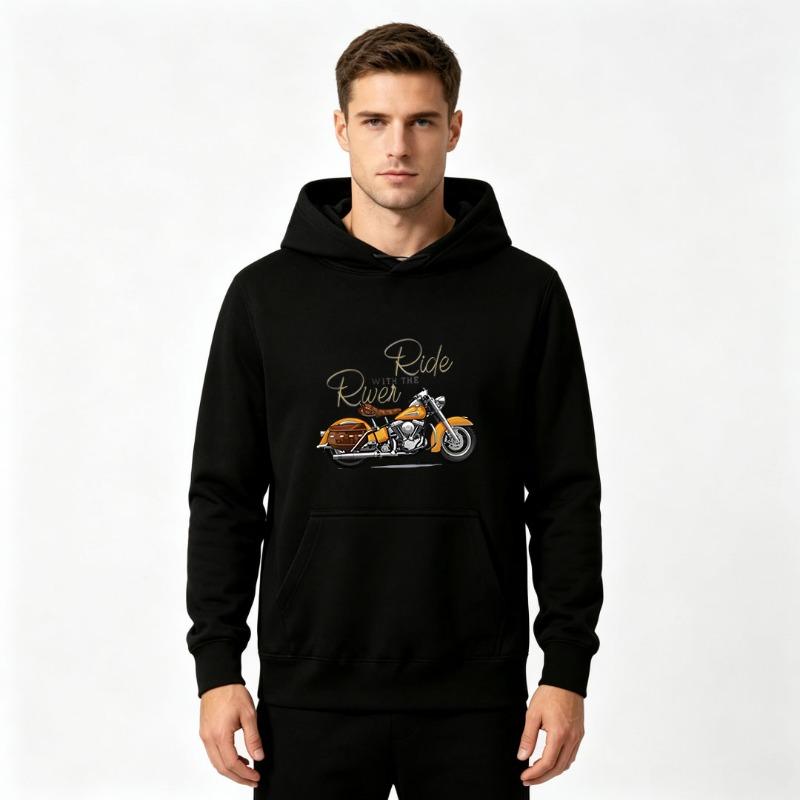 Men's Casual Biker Hoodie, Vintage Cruiser Motorcycle "Ride With The River" Graphic Print Long Sleeve Pullover Hooded Sweatshirt Daily Streetwear