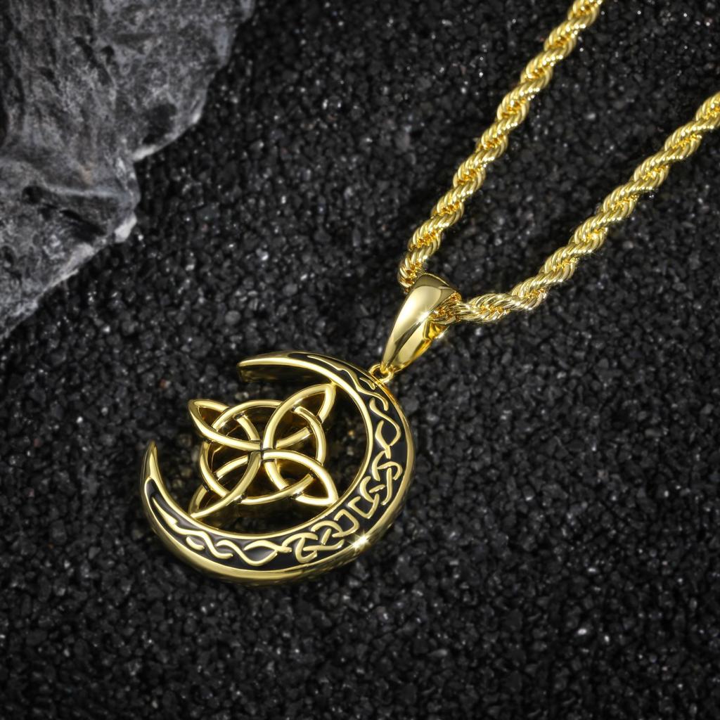 Viking Style Brass Celtic Trinity Knot Moon Pendant Necklace Jewelry