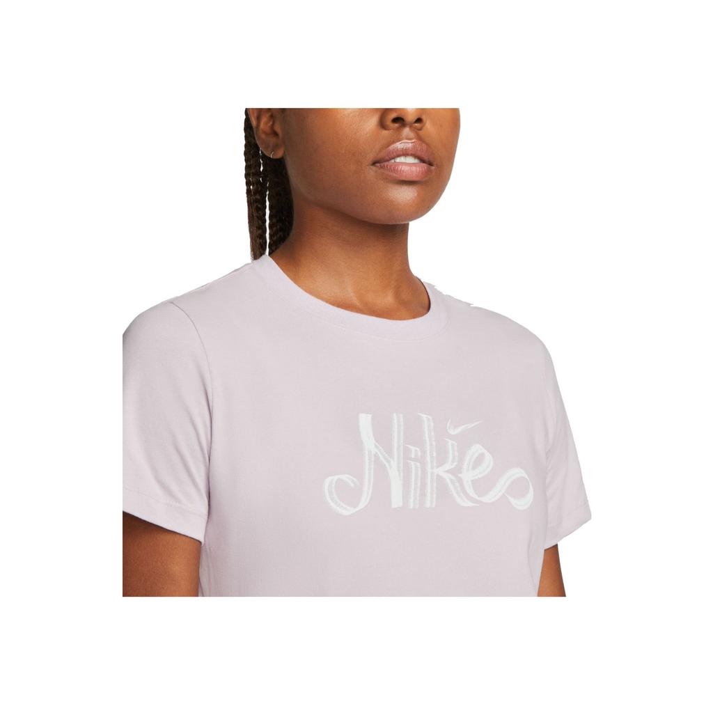Nike Dri-Fit Letter Print Crew Neck Casual Short Sleeve T-Shirt Women Tops Light-Purple DN6685-530