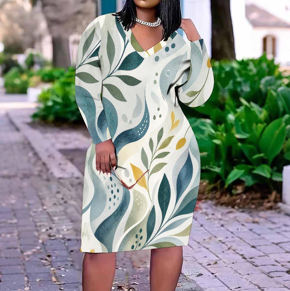 Women Plus Size V Neck Long Sleeve Tropical Leaf Printed Fitted Midi Dress