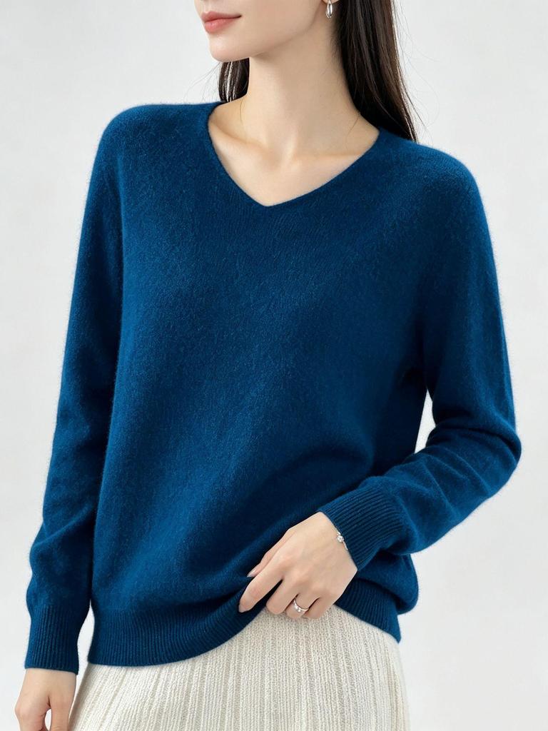 Women's 100% Pure Wool V-Neck Loose Knit Sweater - Solid Color Autumn/Winter Basic Layer
