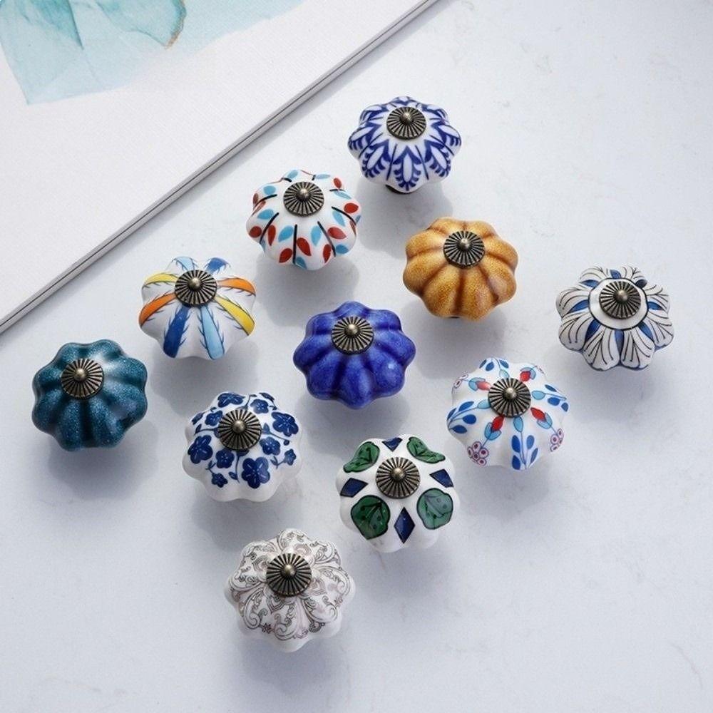Pumpkin Shape Cabinet Door Knobs Floral Pattern Ceramic Cabinet Knobs Cupboard Door