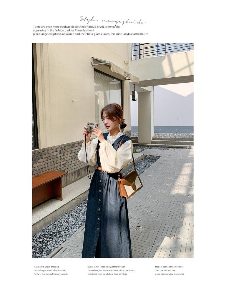 2024 New Hong Kong Style Retro Denim Dress Suit: Long-Sleeve Shirt & Denim Vest Skirt Set