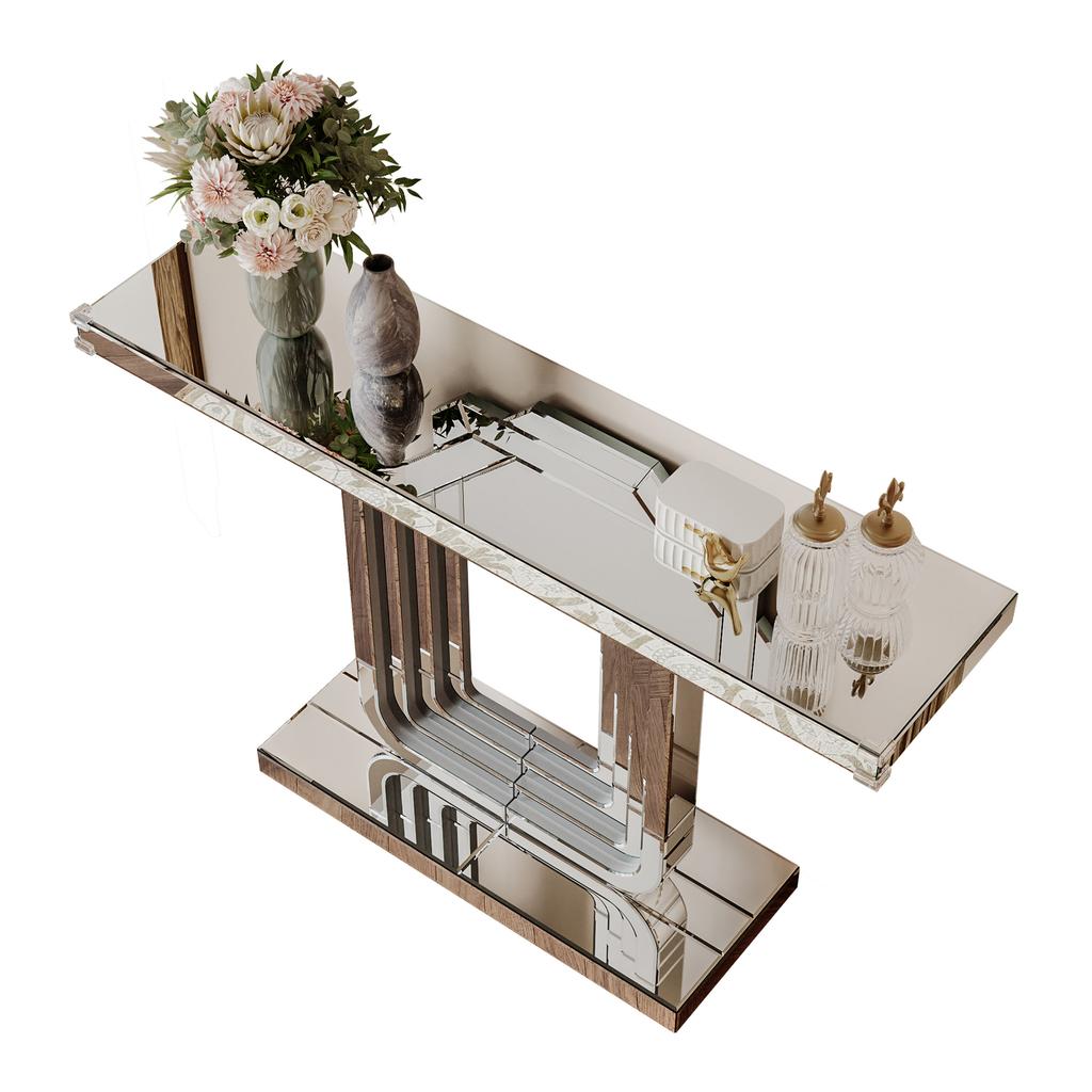 120CM Mirrored Console Table;with Silver Look & U-Shape Base, Scratch-Resistant & Easy To Clean, Luxury Living Room Table for Brightening the Room