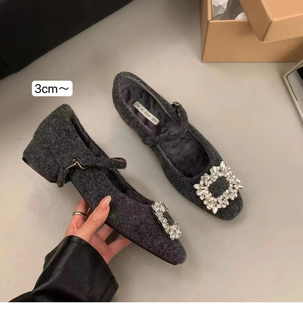 Women's Comfortable Fleece Lined Chunky Heel Single Shoes Fashionable Warm Winter Mary Janes Evening Shoes Rubber Sole Retro Sty