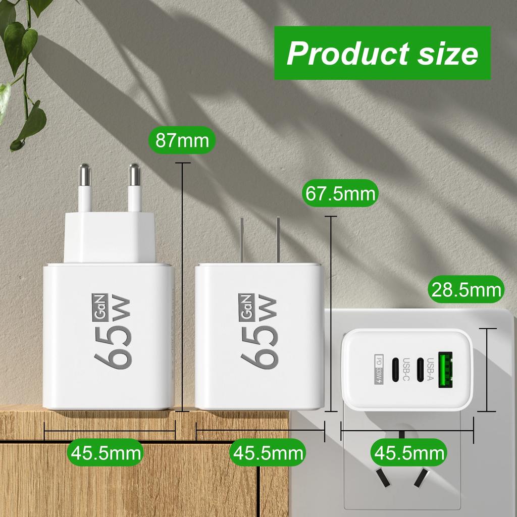 65W USB GaN Charger 3 in 1 PD Type C Fast Charging Mobile Phone Power Adapter for IPhone 15 Xiaomi Samsung Oneplus EU/US/KR Plug