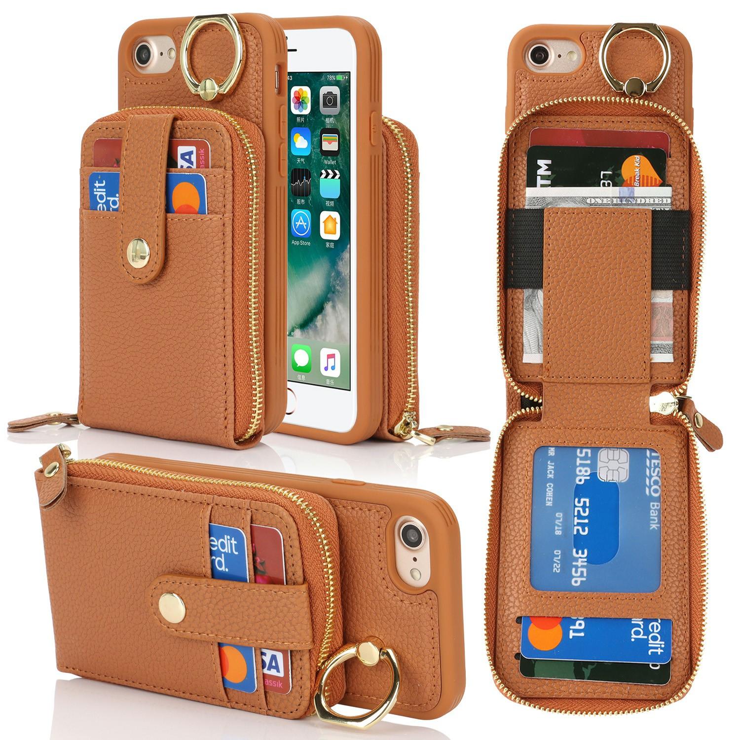 

For iPhone SE (2022)/(2020)/8/7 Case with Zipper Pouch/Ring Kickstand/Strap Litchi Texture PU + TPU Phone Cover B