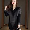 Fashionable Loose Long V-neck Sweater for Women with Mid-length Design and Plus Size