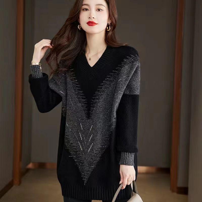 Fashionable Loose Long V-neck Sweater for Women with Mid-length Design and Plus Size