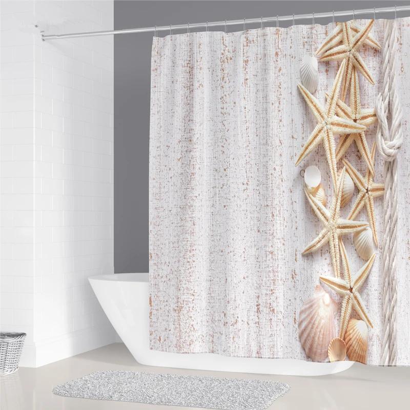 Starfish Beach Shower Curtains 3D Seashell Ocean Theme Waterproof Polyester Fabric Bathroom Decor with Hooks Bathtub Curtains