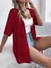 Damen einfarbiger durchbrochener Zopfmuster-Strick Kurzarm Mittellang Offen vorne Strickjacke Sonnenschutz Überwurf
