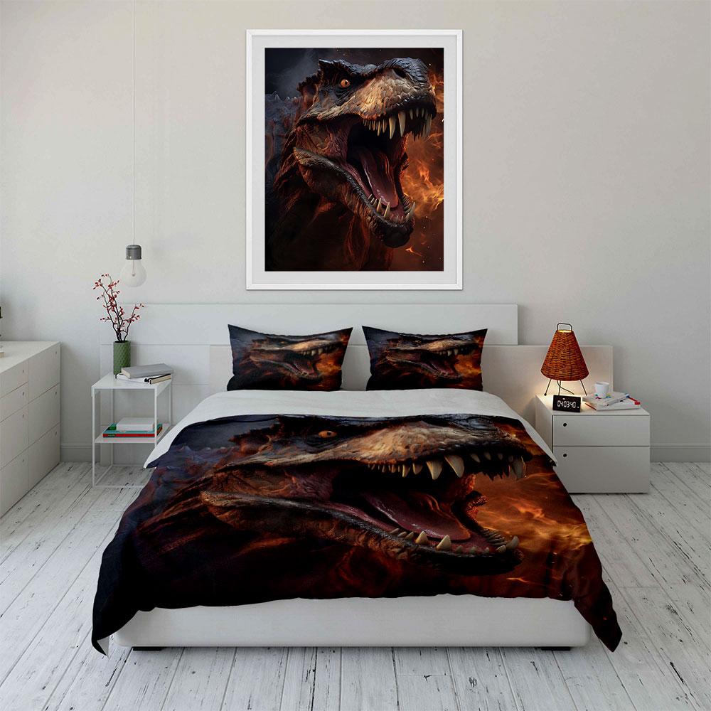 Roaring Dinosaur with Fiery Backdrop Print Bedding Set 1Duvet Cover 2 Pillowcases for Adult and Children Luxury Gift Full Size