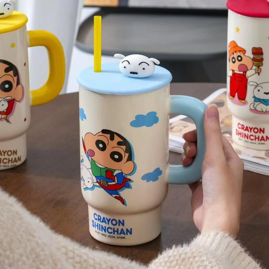Crayon Shin Shirt Mug with Lid Straw Cup Office Casual Cup Summer Ceramic Water Cup Large Capacity