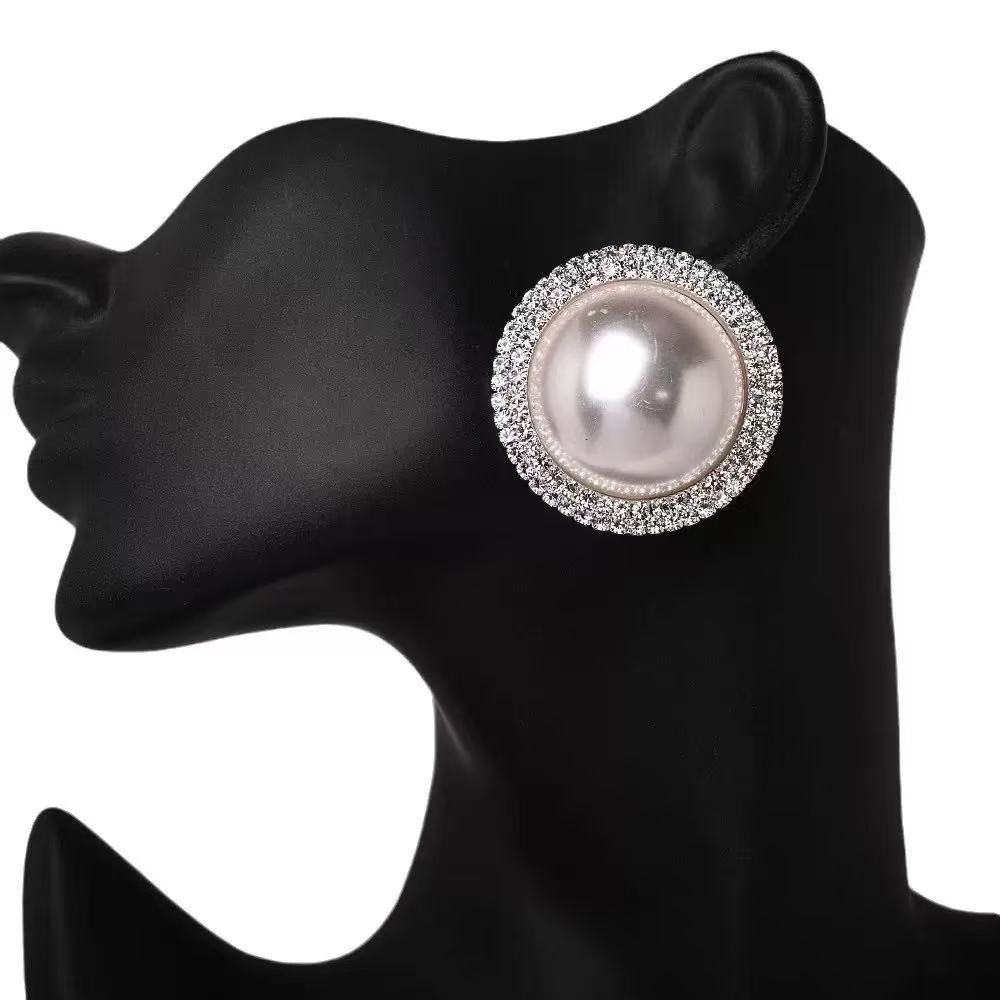 Korean High-end Earrings, Korean Luxury Flash Diamond Temperament Earrings, French Niche Exaggerated Pearl Large Stud Earrings