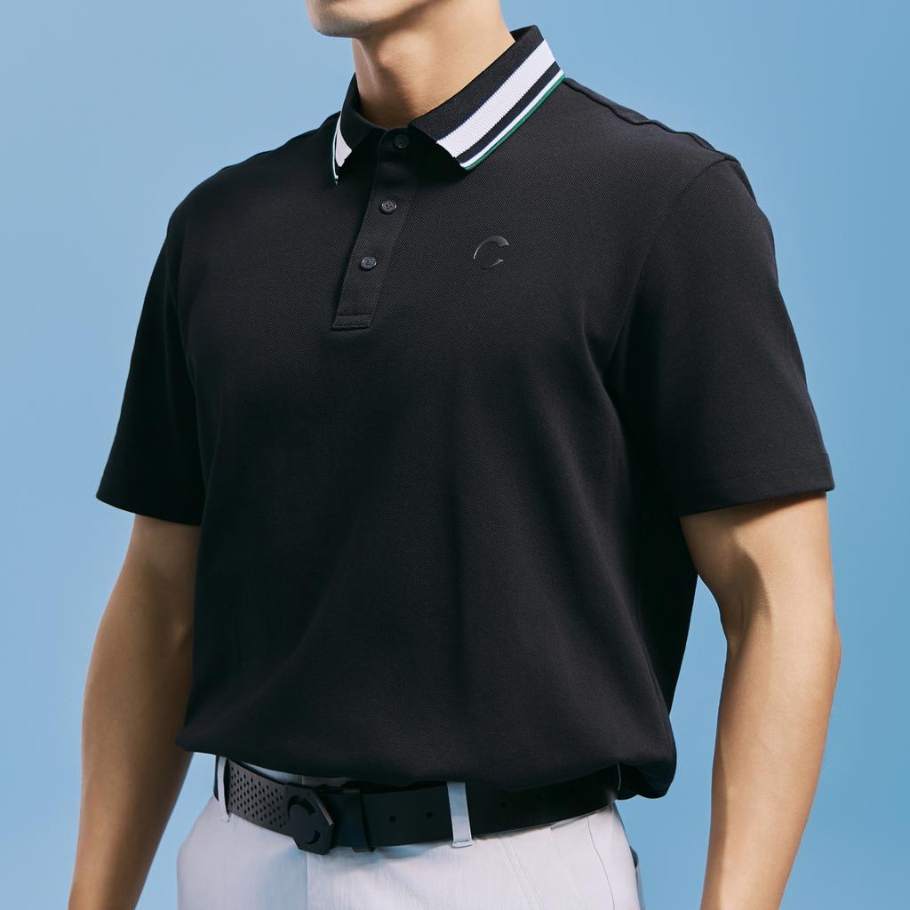 CHALLENGER Men'S Pq Material Contrast Collared Short Sleeve Tee Black