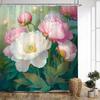 1Pc Romantic Peonies Bath Curtain - Lush Garden Design With Pink & White Blooms, Green Foliage On Dreamy Blue-Green Background,
