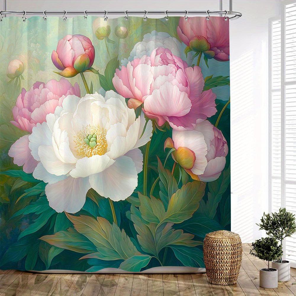 1Pc Romantic Peonies Bath Curtain - Lush Garden Design With Pink & White Blooms, Green Foliage On Dreamy Blue-Green Background,