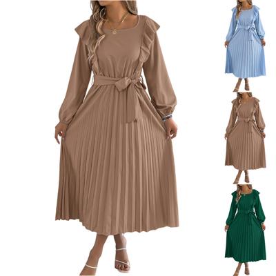 Robe longue à revers et manches longues pour femmes, couleur unie et tendance