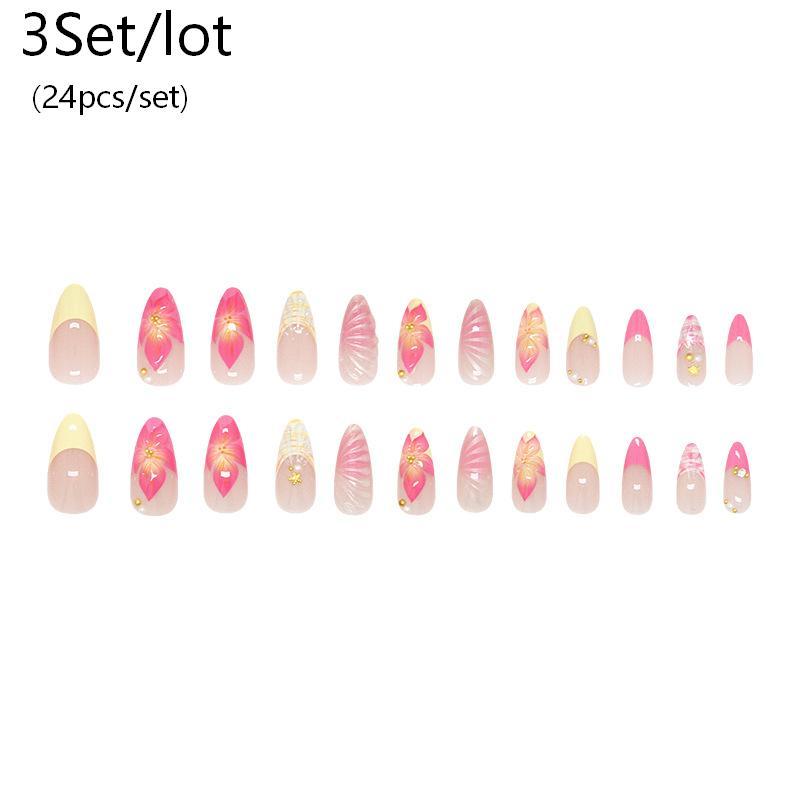French Style Pink Flower Art Nail Patch Long Almond Fake Nails With Pearl Flower For Women Diy Manicure Accessories