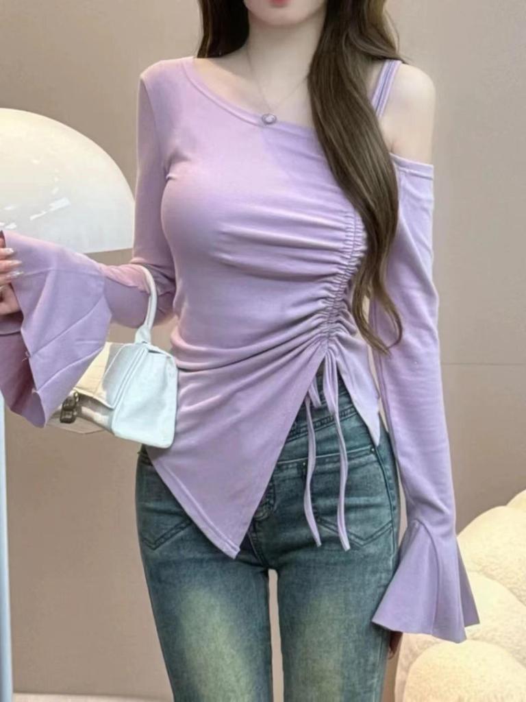 Women's French One-Shoulder Camisole with Flare Sleeve, Off-Shoulder Drawstring Design for Early Autumn