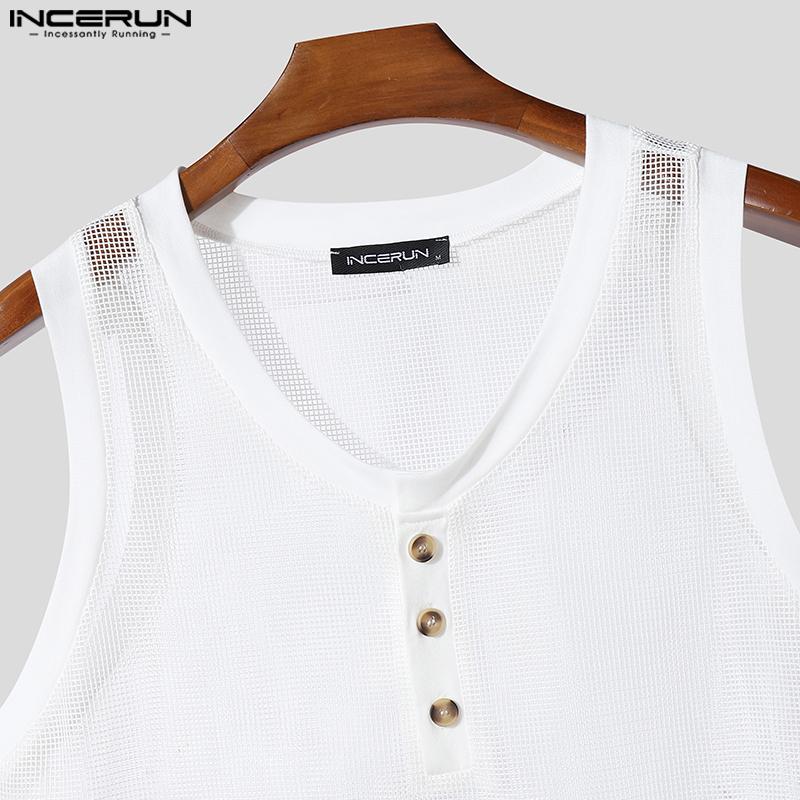 INCERUN Summer Men Sleeveless Hollow Out Mesh Sheer Casual Tank Tops